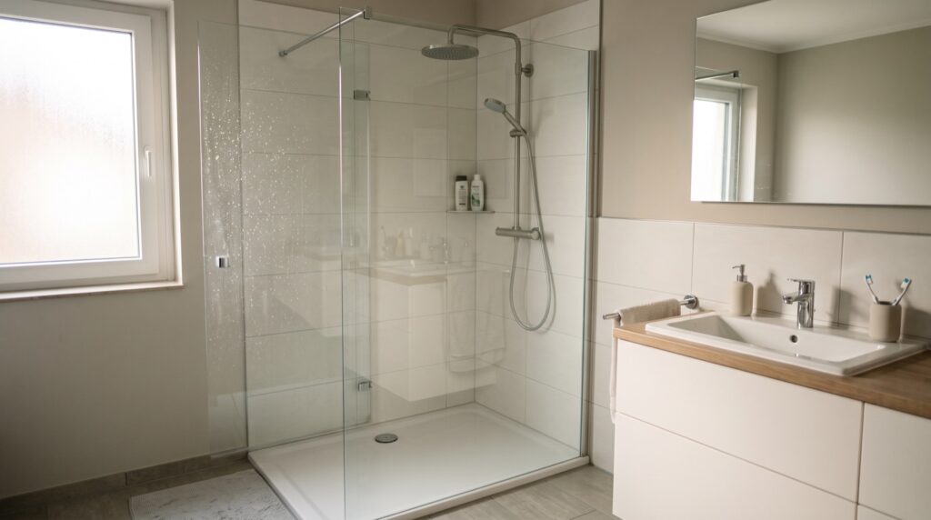 Moderne Glasdusche mit leichten Kalkflecken und Duschkopf