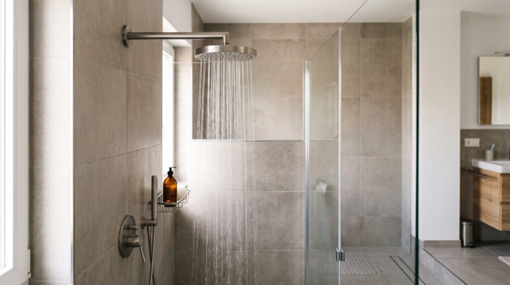Moderner Duschkopf mit klarem Wasserstrahl in einer sauberen Dusche