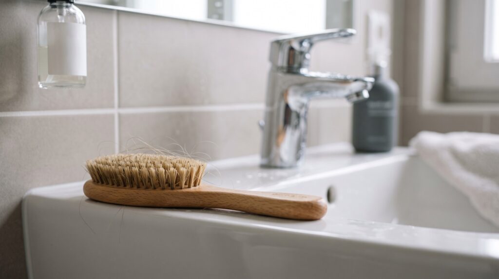 Nahaufnahme einer Haarbürste mit einzelnen Haaren am Rand eines Waschbeckens