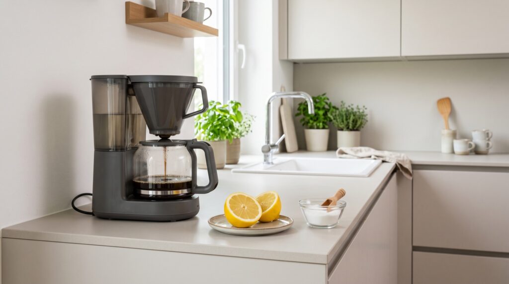 Filterkaffeemaschine mit Zitrone und Zitronensäure zum Entkalken in einer hellen Küche