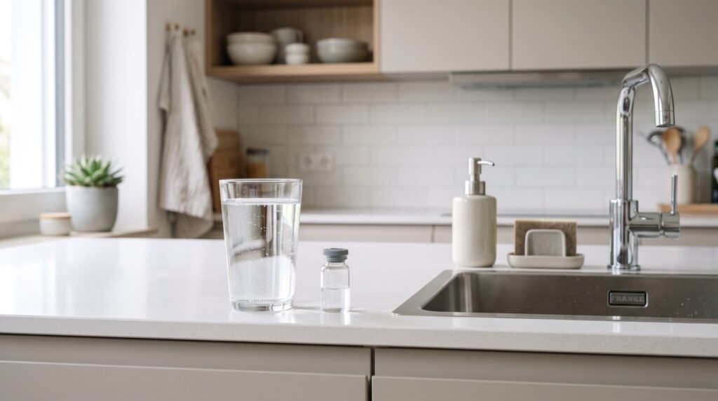 Glas Leitungswasser und ein Proben-Fläschchen an einer modernen Küchenspüle