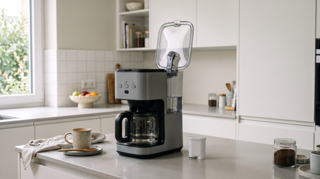 Kaffeemaschine mit geöffnetem Wassertank und Filterkartusche daneben