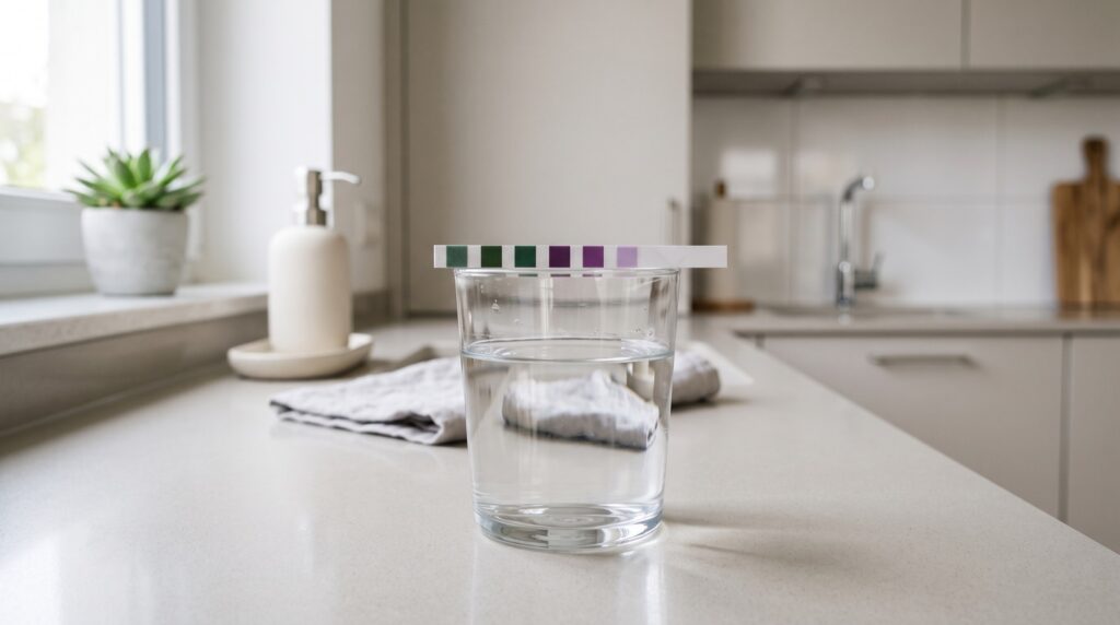 Wasserhärte-Teststreifen auf dem Rand eines Glases Wasser auf einer Küchenarbeitsplatte