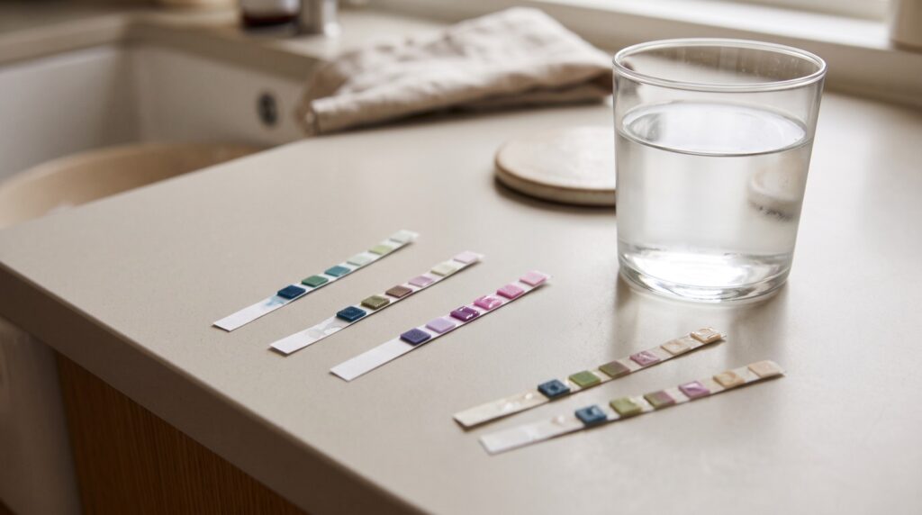 Mehrere Wasserhärte-Teststreifen neben einem Glas Wasser auf einer Küchenarbeitsplatte